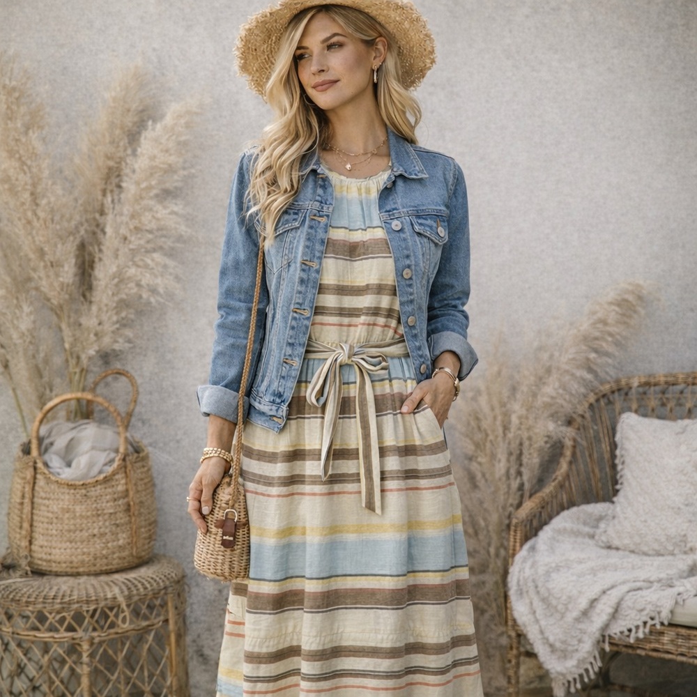 DKNY Striped Maxi Dress in Cream, Blue, Brown